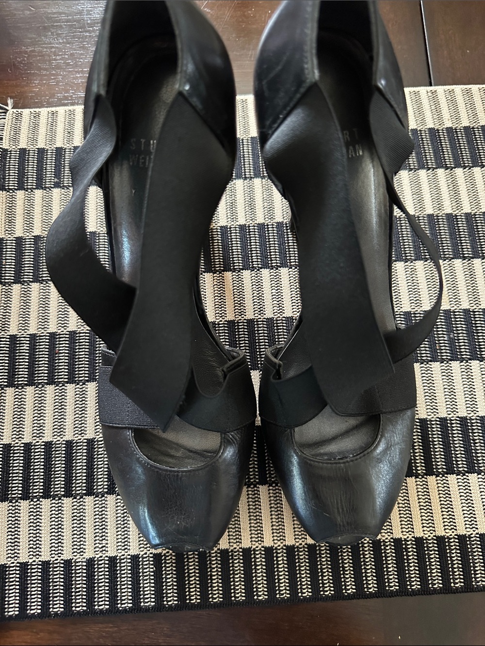 Stuart Weitzman Black Leather Square-Toe Block Heels with Wide Straps